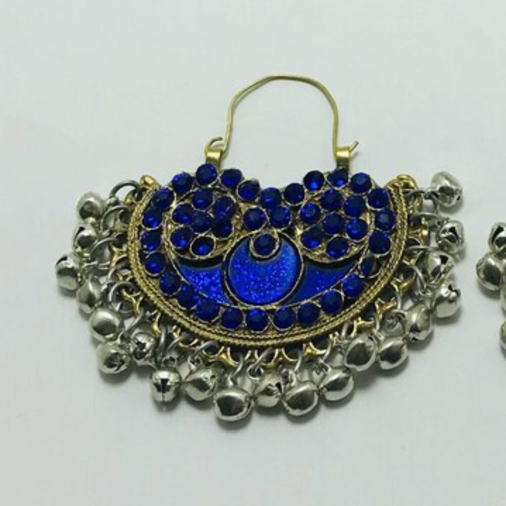 Blue Glass Stone Chandbali Earrings: Silver Kuchi Tribal Bell Hoops - Picture 2 of 6